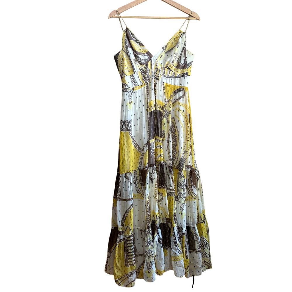 Elie Tahari 100% silk yellow tiered fairycore princess maxi dress women's M